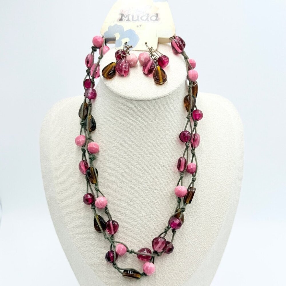 NWT Vintage Mudd Pomegranate Beaded Necklace & Earrings Set – Pink & Amber Tones